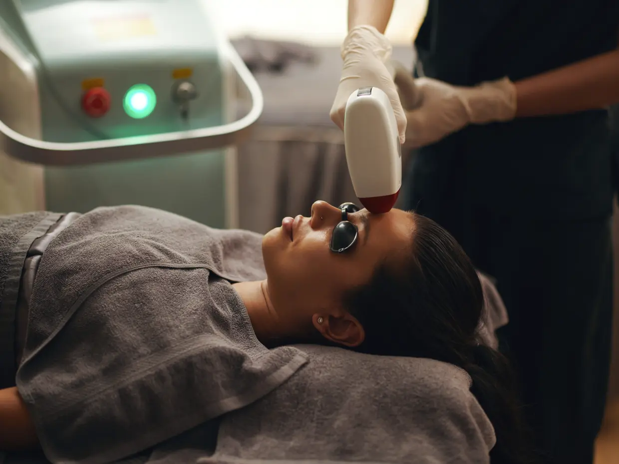 woman receiving laser treatment on forehead